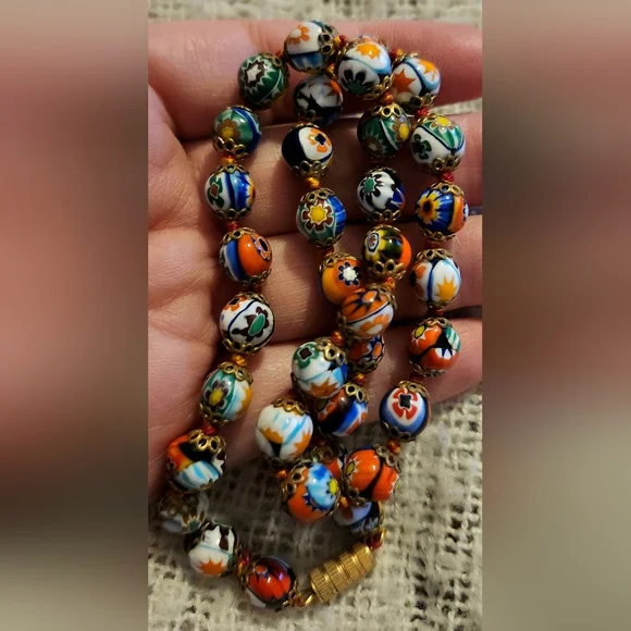 Vintage Venetian Murano Glass Millefiori Beaded Necklace - Picture 2 of 6